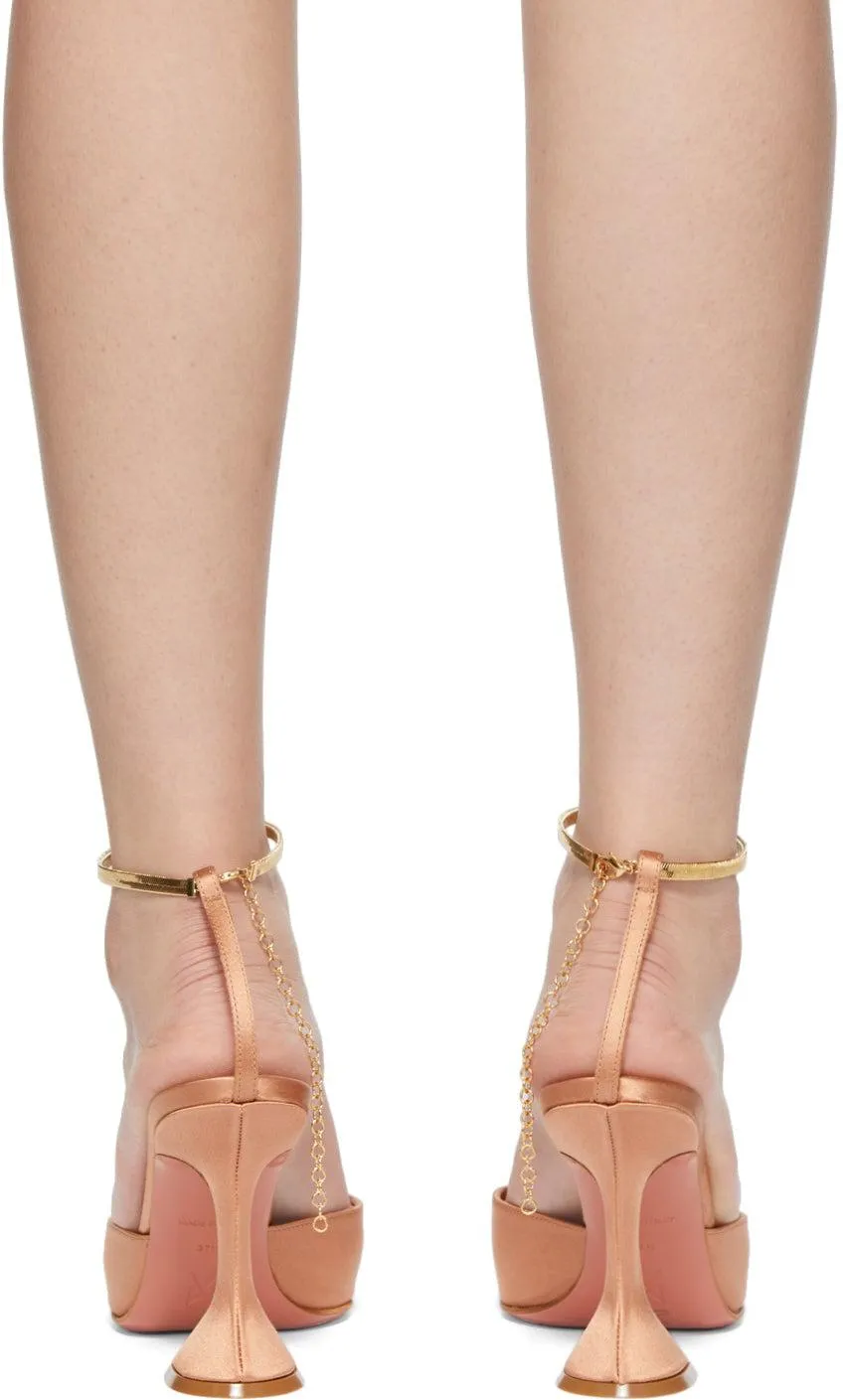 Amina Muaddi Tan Satin Chain Fiona Mule Heels