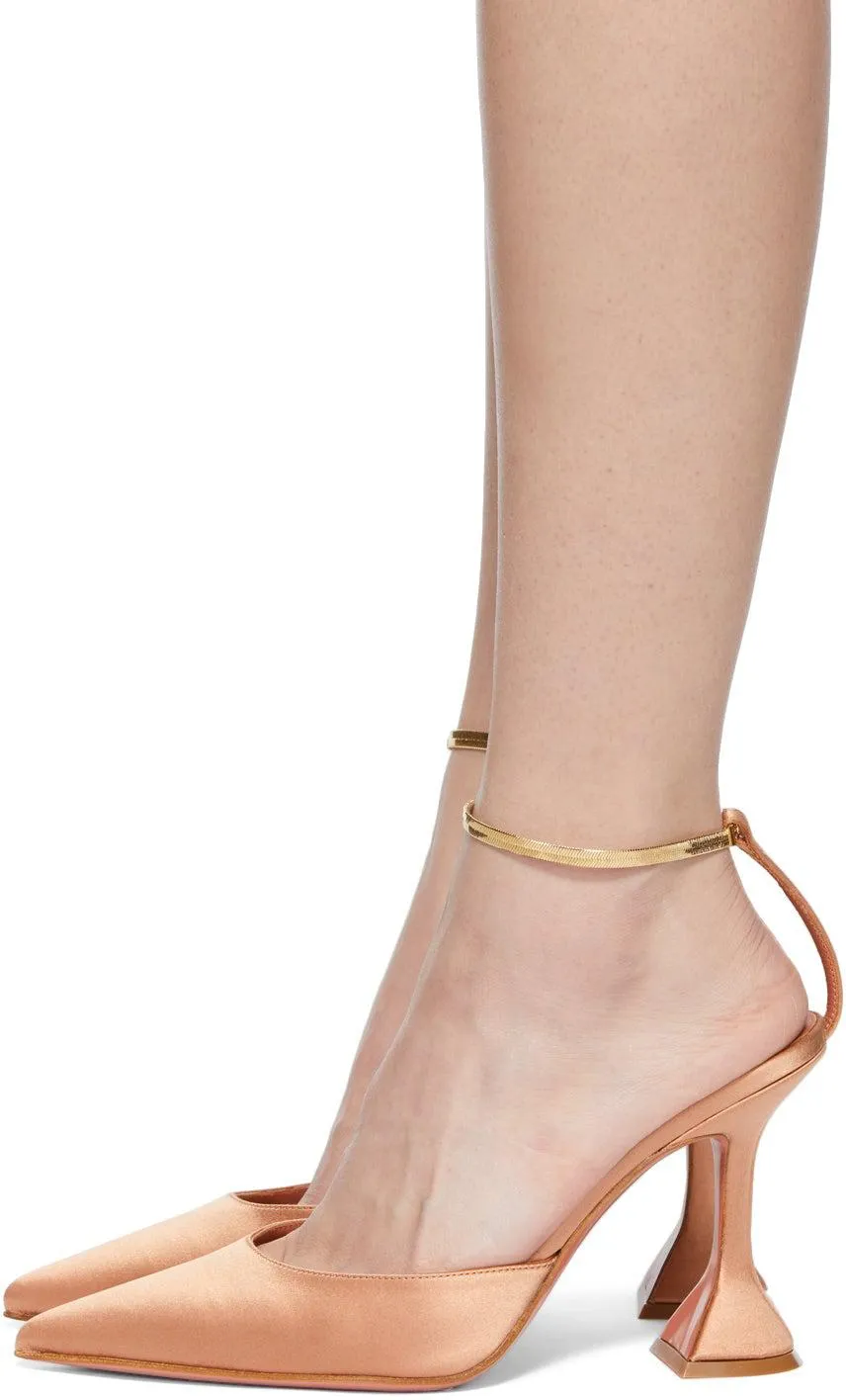 Amina Muaddi Tan Satin Chain Fiona Mule Heels