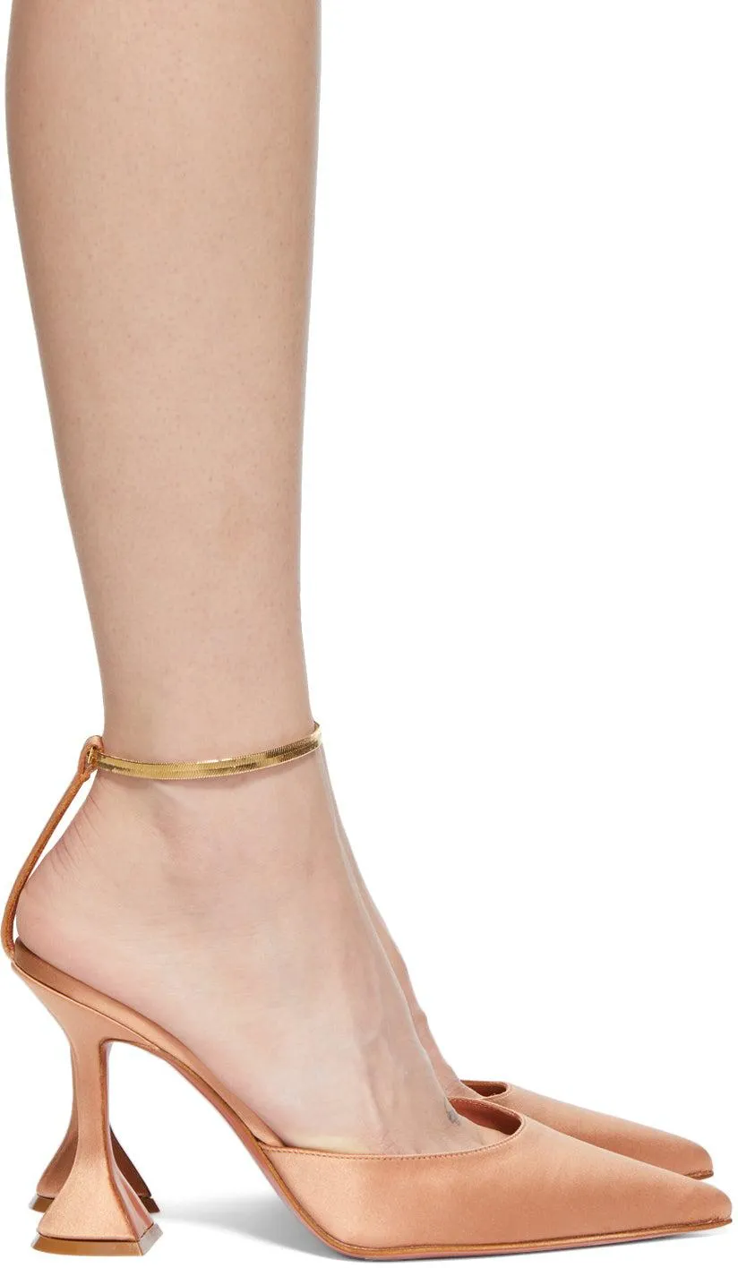 Amina Muaddi Tan Satin Chain Fiona Mule Heels