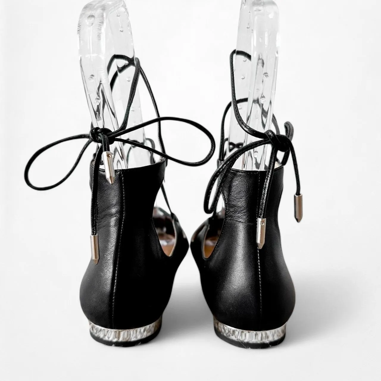 Aquazzura Black Leather Lace Up Pointy Toe Ballet Flats Size 5.5/6