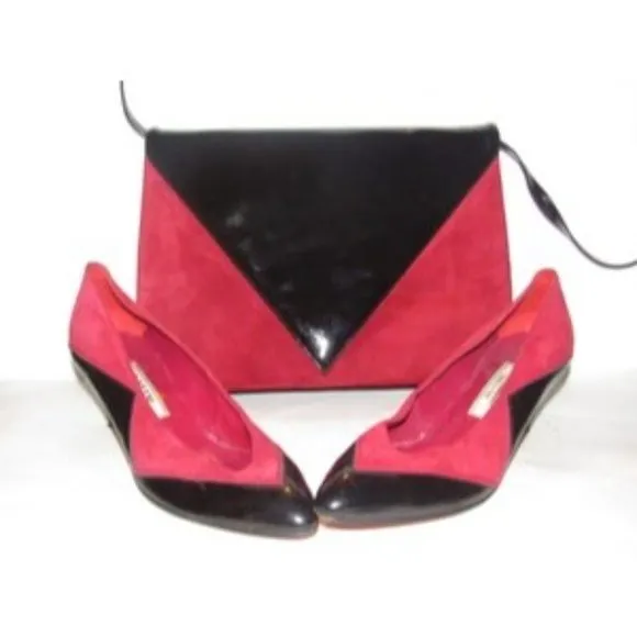 Bally Vintage Black Patent Leather and Red Suede