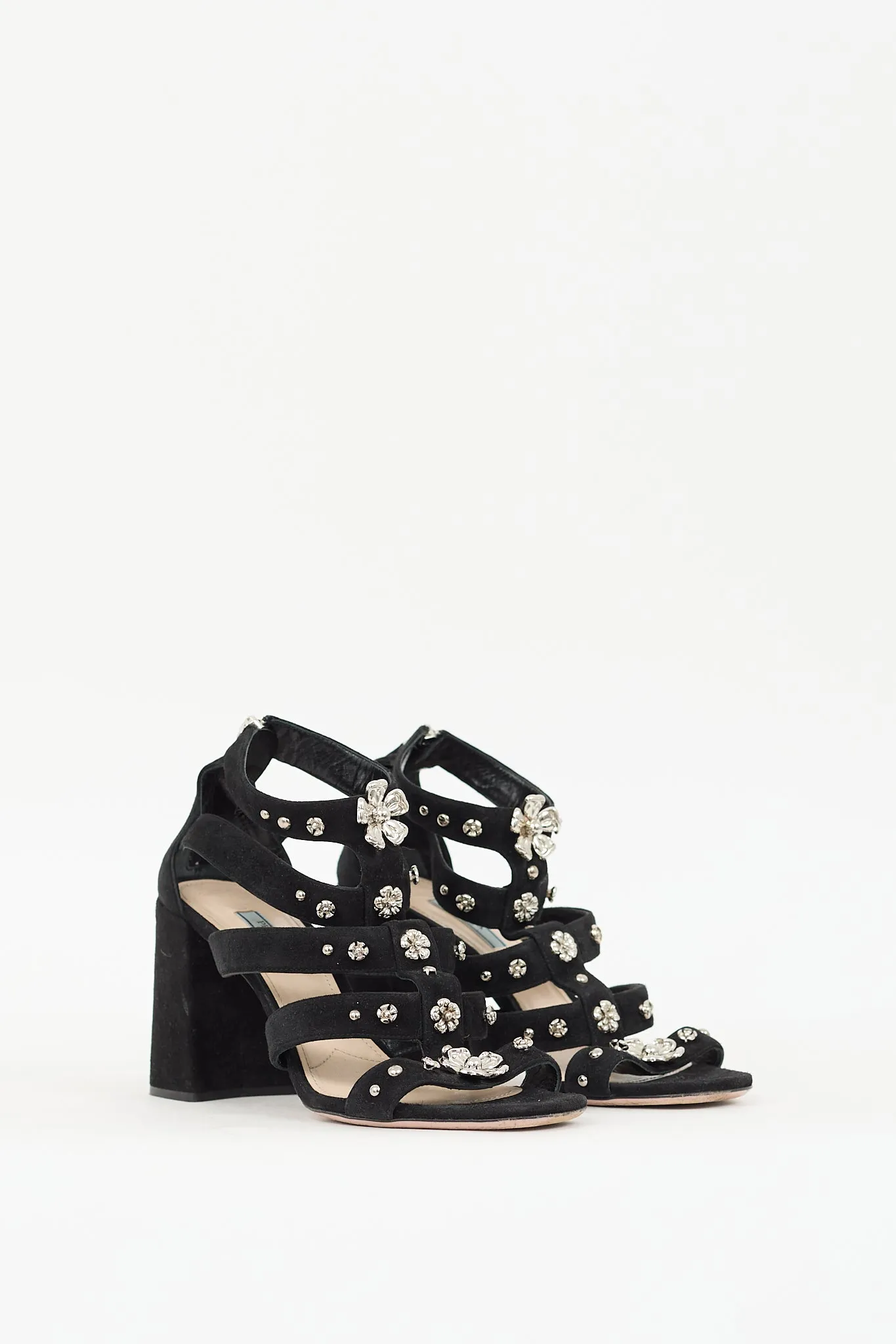 Black & Silver Suede Floral Embellished Heels