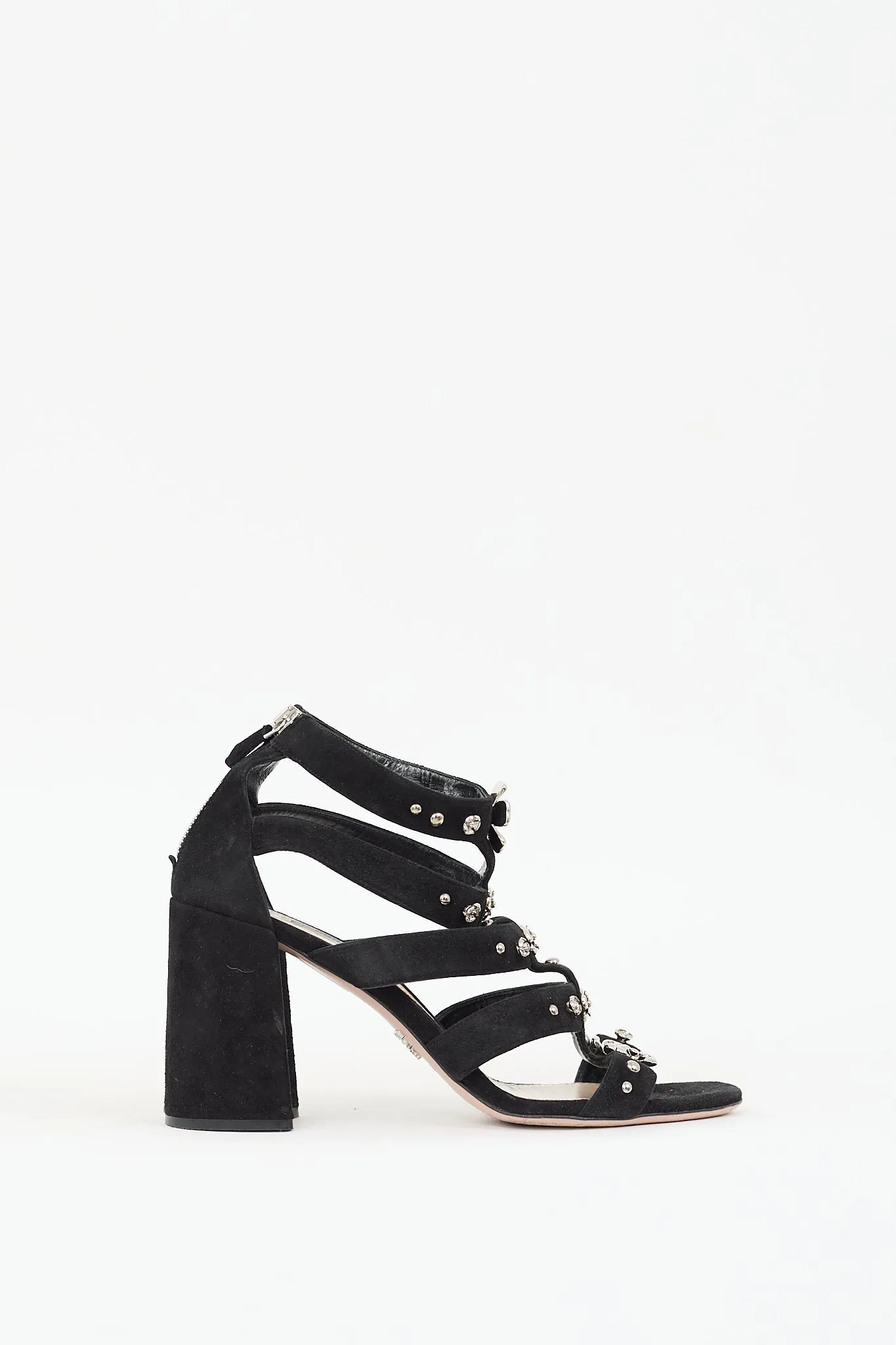 Black & Silver Suede Floral Embellished Heels