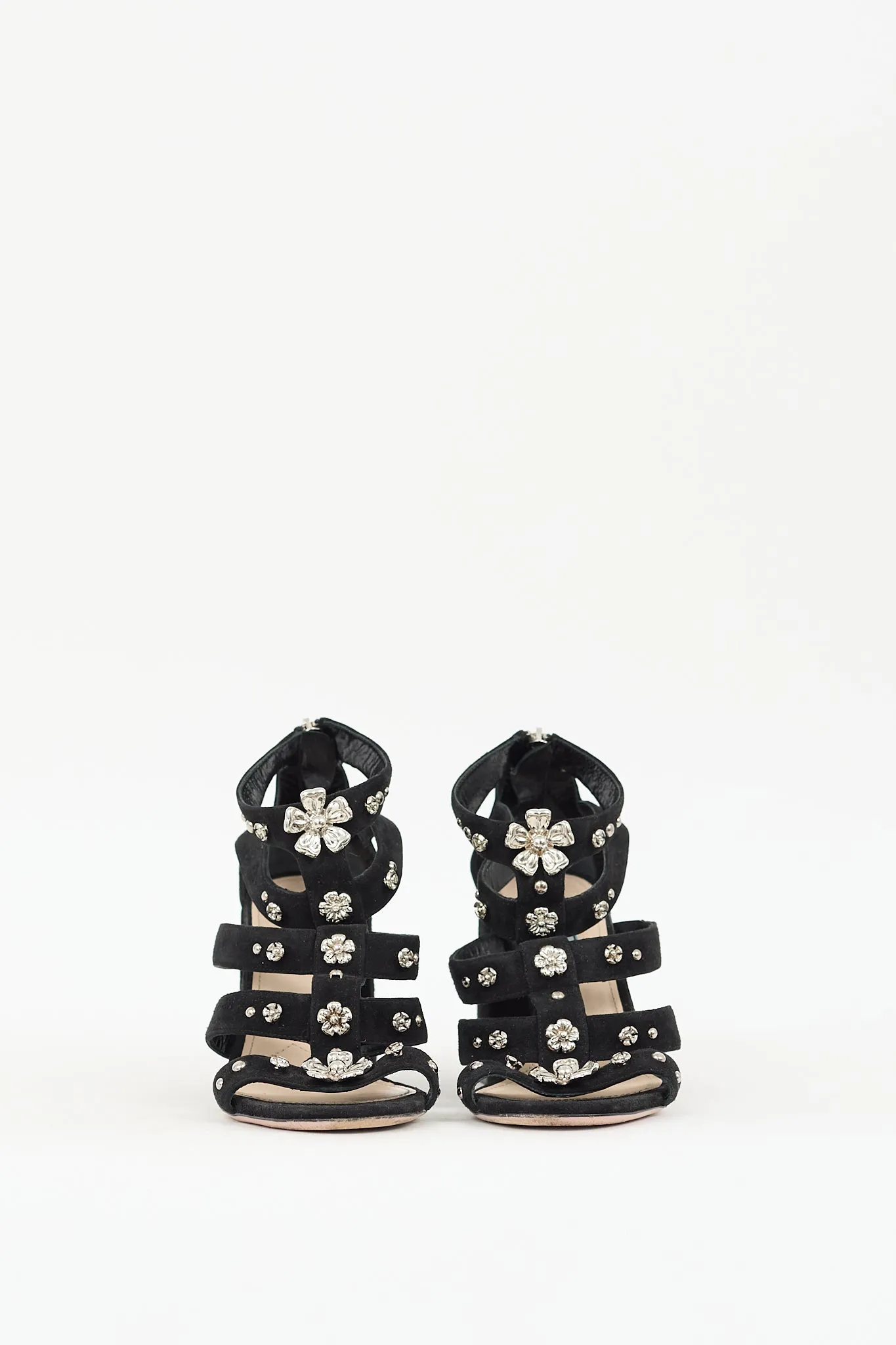 Black & Silver Suede Floral Embellished Heels