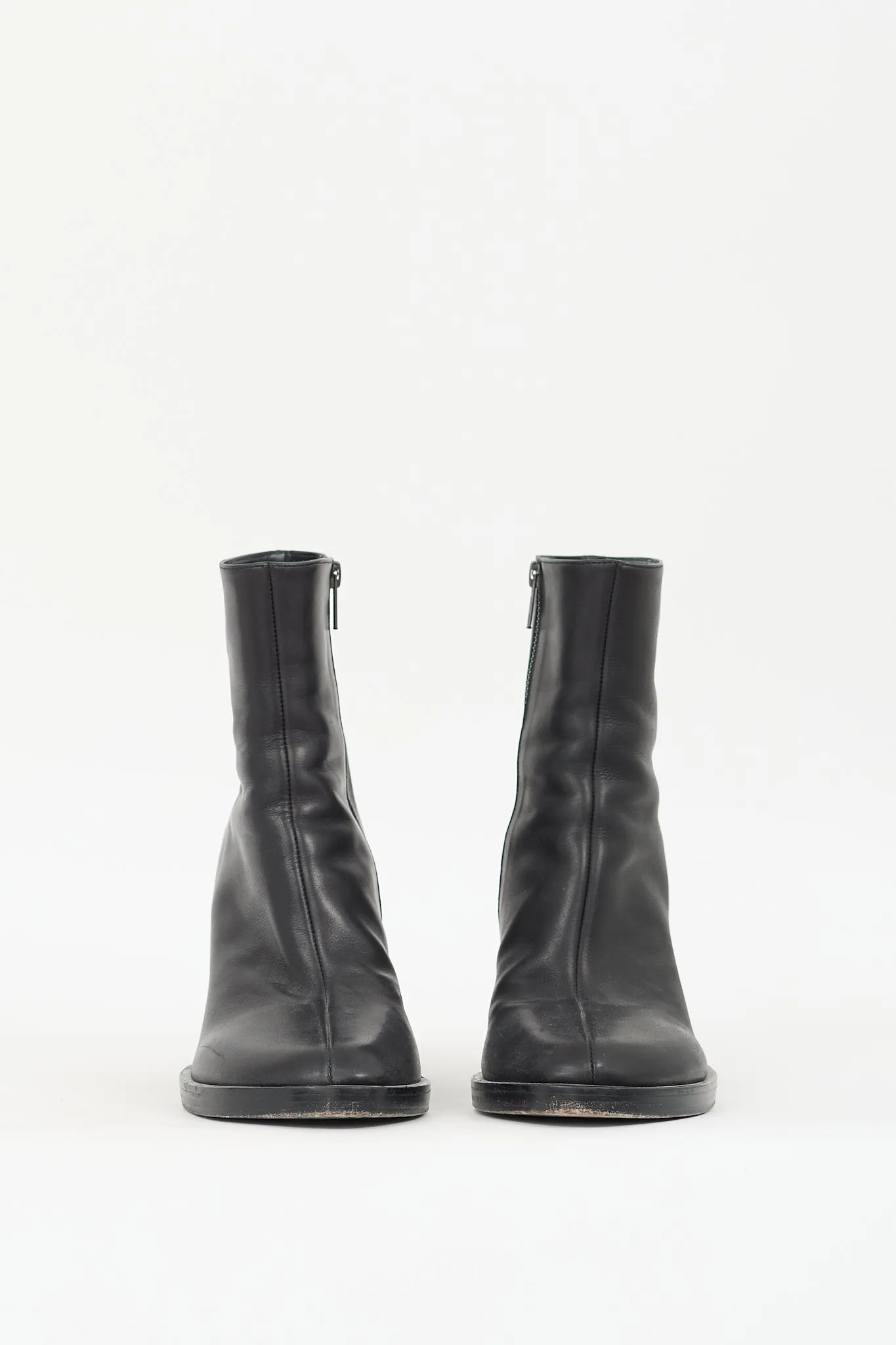 Black Leather Geometrical Twist Block Heel Boot