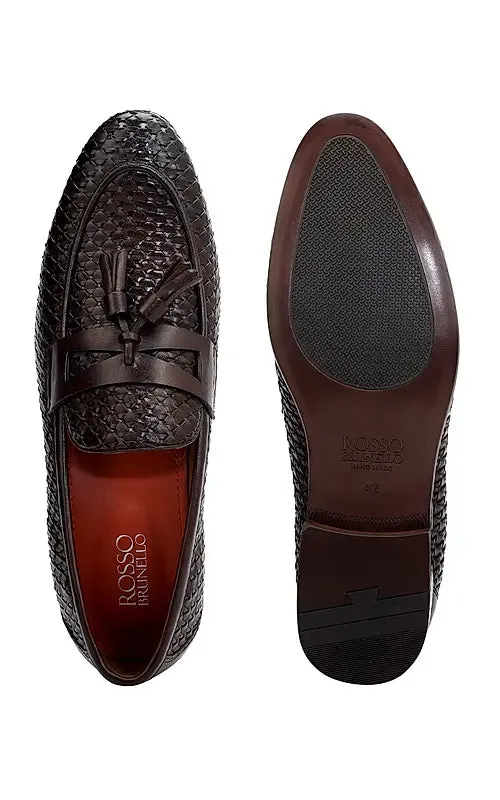 Brown Textured Loafers With Tassels
