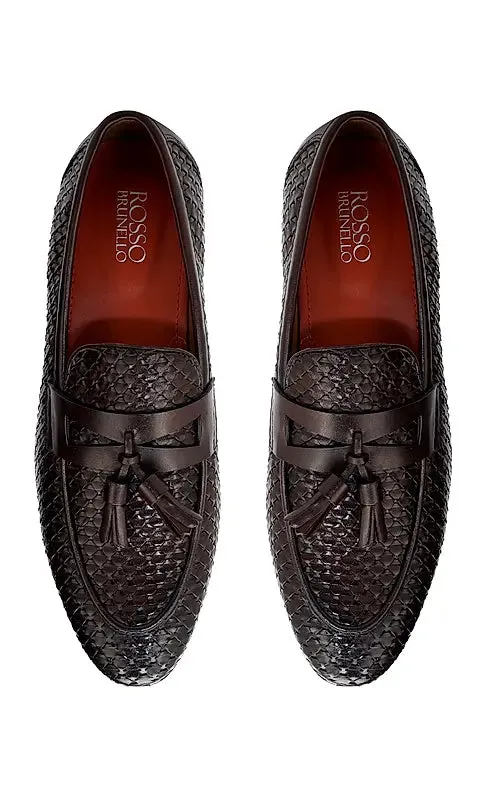 Brown Textured Loafers With Tassels