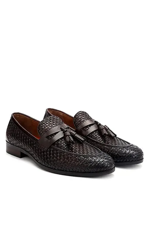 Brown Textured Loafers With Tassels