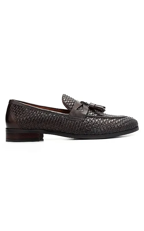 Brown Textured Loafers With Tassels