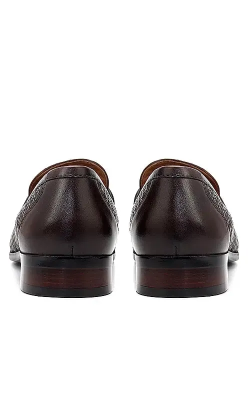 Brown Textured Loafers With Tassels