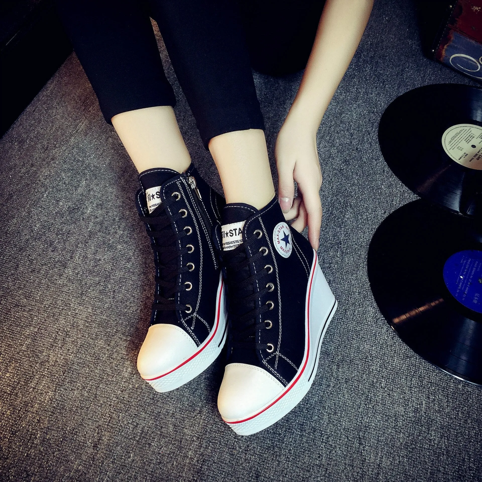 flowersverse Women Classic Wedges Shoes High Top Pumps Women Casual Shoes Female Height Increasing Platform Women Canvas Shoes