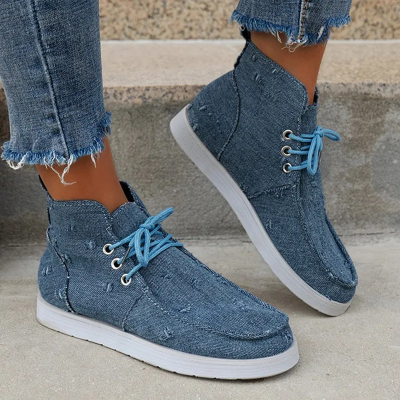 High Top Flat Heels Canvas Sneakers Women  Autumn Denim Blue Lace Up Casual Shoes Woman Plus Size 43 Anti Slip Sport Shoes