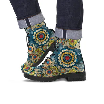 Hippie Flower Print on Demand Artwork Women's Fur Trimmed Combat Style Boots