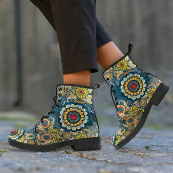 Hippie Flower Print on Demand Artwork Women's Fur Trimmed Combat Style Boots