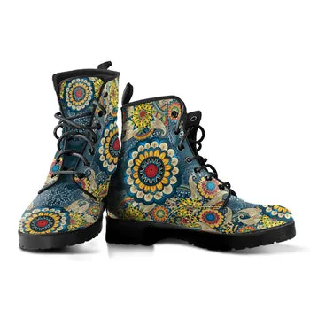 Hippie Flower Print on Demand Artwork Women's Fur Trimmed Combat Style Boots