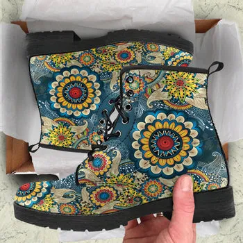 Hippie Flower Print on Demand Artwork Women's Fur Trimmed Combat Style Boots