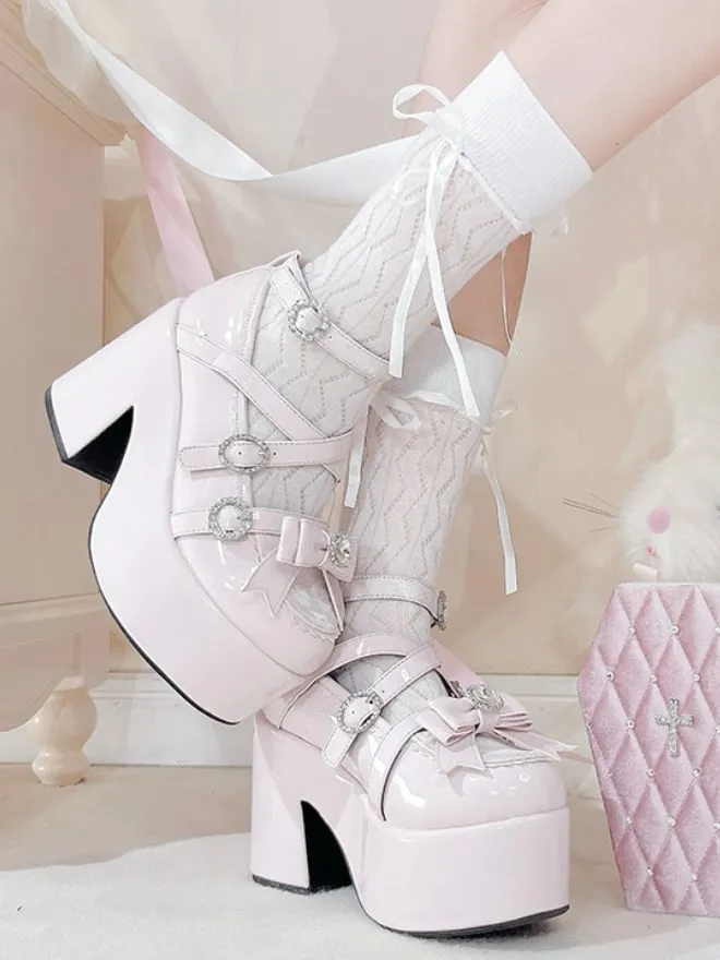 Polished Pink Jirai Kei Bow Rhinestone Platform High Block Heels