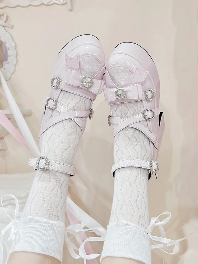 Polished Pink Jirai Kei Bow Rhinestone Platform High Block Heels