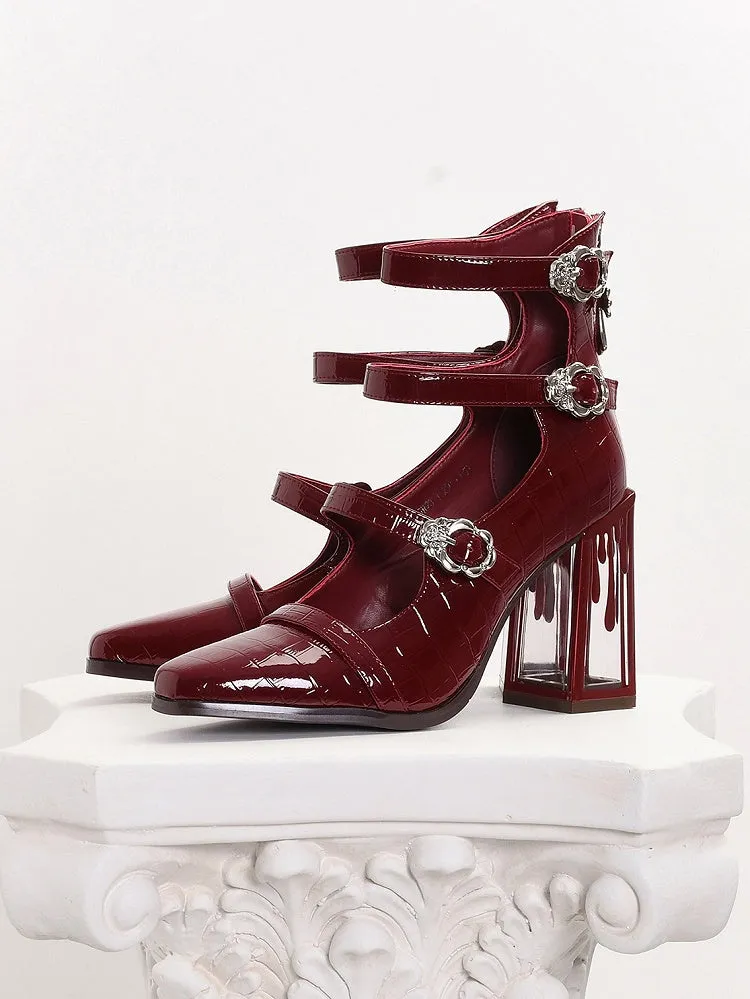 Polished Red Gothic Crocodile Buckle Straps Blood Drip High Block Heels