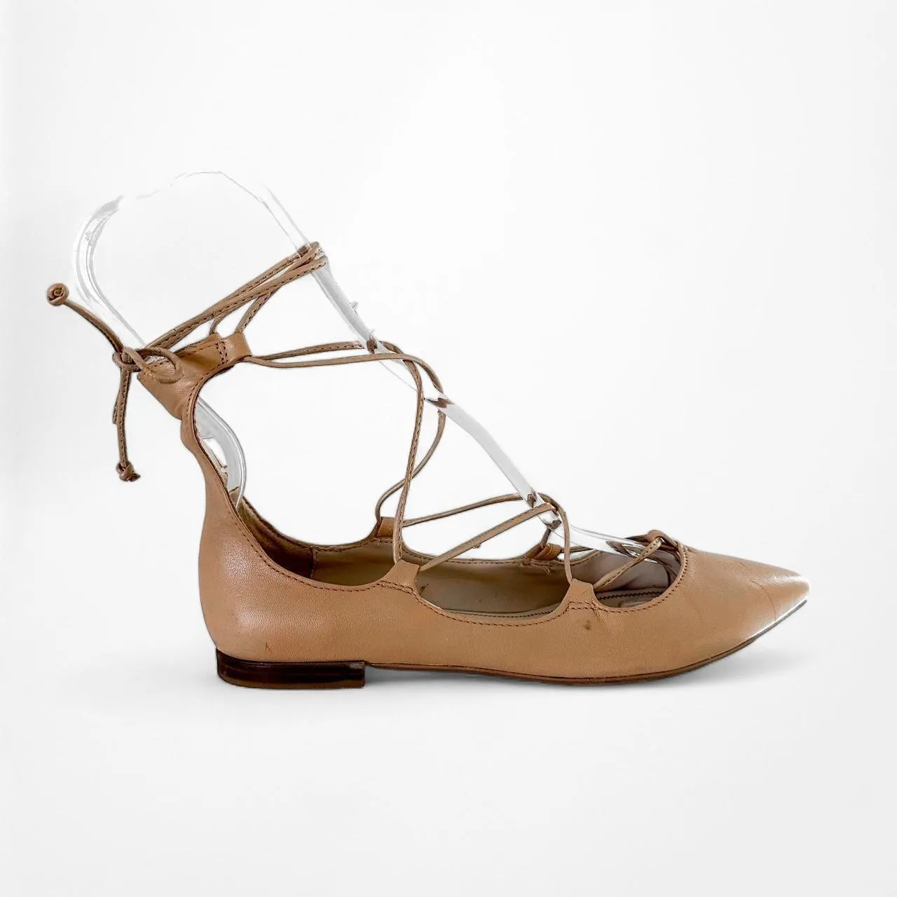 Zara Nude Beige Brown Faux Leather Lace Up Ballet Flats Size 6